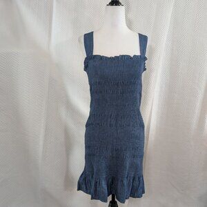 DO+BE Smocked Chambray Dress in Dark Denim Thick Strap Ruffle Hem Medium NWT